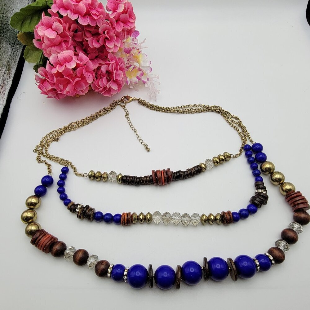 Royal Blue Multi Strand Wooden Bead Necklace Layered Gold Tone Statement 26"